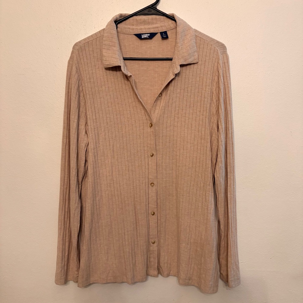 Lands End Button Down Shirt Womens L Tan Ribbed Long Sleeve CASUAL